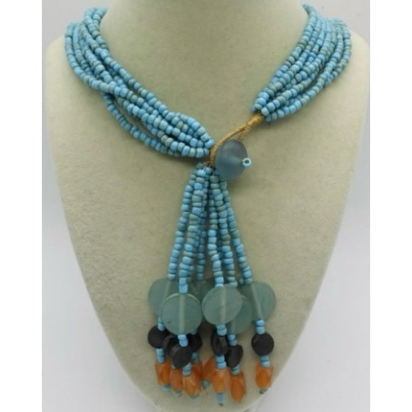 Handmade Blue Seed Bead Scarf Style Necklace w/ button closure 16.5” w/ 4” drop - Picture 1 of 2